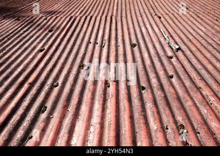 old weathered red painted tin roof cong, county mayo, republic of ireland Stock Photo