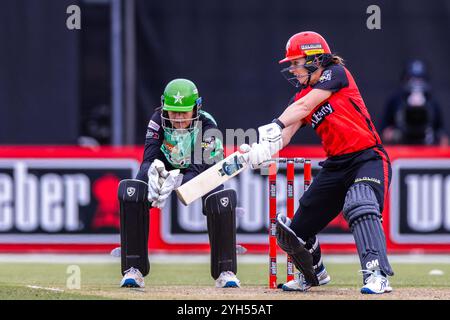 Melbourne, Australia, 9 November, 2024. Georgia Wareham of Melbourne Renegades bats during Weber Women's Big Bash League (WBBL10) T20 match between Melbourne Renegades Women and Melbourne Stars Women at the CitiPower Centre Junction Oval on November 09, 2024 in Melbourne, Australia. Credit: Santanu Banik/Speed Media/Alamy Live News Stock Photo