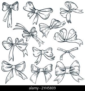 Bow ribbons collection isolated on white background. Hand drawn sketch vector illustration. Holiday decoration, birthday gift design elements Stock Vector