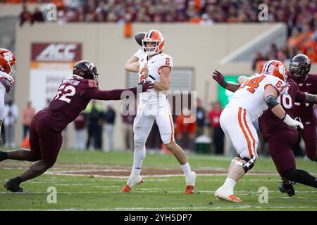 Blacksburg, VA, USA. 9th Nov, 2024. Clemson Tigers quarterback Cade Klubnik (2) throws a pass during the NCAA football game between the Clemson Tigers and the Virginia Tech Hokies at Lane Stadium in Blacksburg, VA. Jonathan Huff/CSM/Alamy Live News Stock Photo