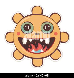 Cute monster sticker, groovy sun, vector orange character, hippy and trippy avatar, trendy funky illustration Stock Vector