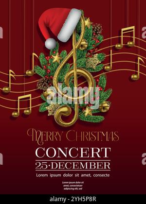 christmas concert flyer with golden musical notes, pine branches and decorations. christmas concert poster Stock Vector