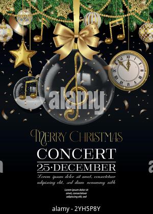 christmas concert flyer with golden musical notes, pine branches and decorations Stock Vector