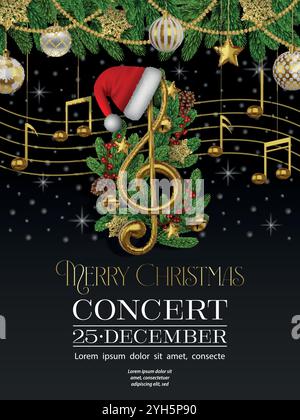 christmas concert flyer with golden musical notes, pine branches and decorations. christmas concert poster Stock Vector
