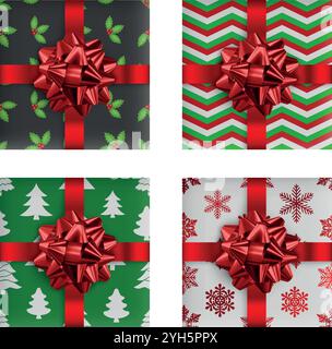 set of realistic christmas gift boxes. collection of christmas gift boxes with red bow and decorations top view Stock Vector