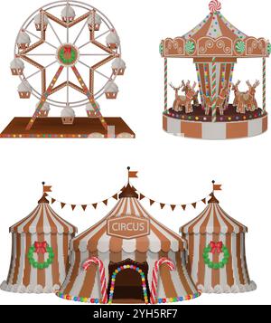 isolated 3d gingerbread circus, ferris wheel and carousel. christmas  amusement park with candies and cookies Stock Vector
