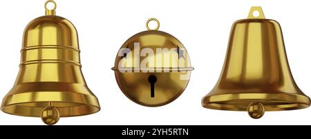 set of isolated golden bells. collection of 3d gold bell realistic illustration Stock Vector