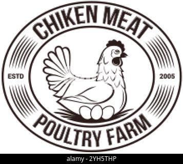 Chicken Poultry Farm Monochrome Logo, Vintage Premium Quality. Fresh Organic Chicken Eggs Farmer Logotype, or Badge Design. Isolated on White Stock Vector