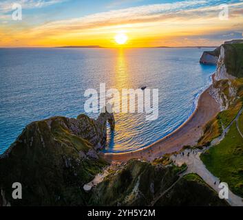 Aerial view of the limestone arch of Durdle Door, featuring dramatic ...