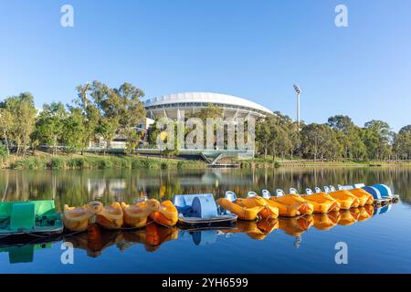 Captain Jollies Paddle Boats reflected in River Torrens, Elder Park, Adelaide, South Australia, Australia Stock Photo