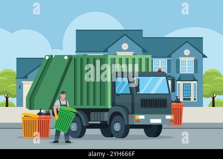 A vector illustration of Garbage Truck Collector Worker Stock Vector