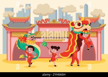 A vector illustration of Chinese New Year Lion Dance Celebration Stock Vector