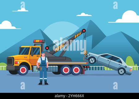 A vector illustration of Tow Truck Driver Towing a Car Stock Vector