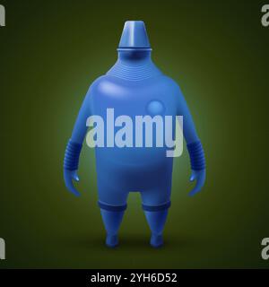 Senior Super Hero Robot Defender of the Universe. Tough Blue Fat Bot Humanoid Mascot Character Illustration on Dark Backdrop Stock Vector