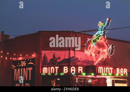 Neon sign at the Mint Bar in downtown Sheridan, Wyoming, USA Stock Photo