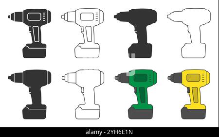 Cordless impact wrench driver icon symbol shape set. Battery power screwdriver drill logo sign. Fix, tool, repair collection. vector illustration. Iso Stock Vector