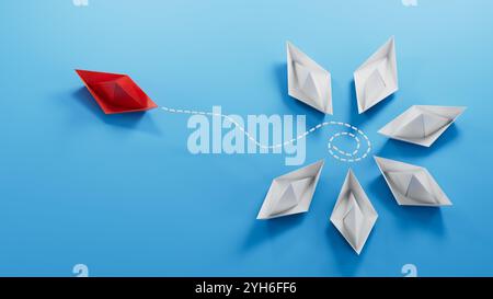 A group of blue paper boats and one is sailing away in the opposite direction, the concept of individuality, breaking free from influence.3D rendering Stock Photo