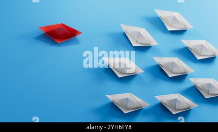 concept 3D paper ship on opposite direction with isolated black background.3D rendering on blue background. Stock Photo