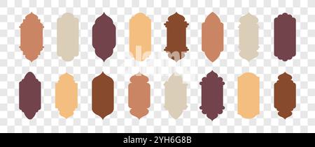 Shape Islamic Windows and arches. Set of Muslim frames in beige colors. Silhouettes of Arabic door. Traditional Vector illustration on transparent Stock Vector