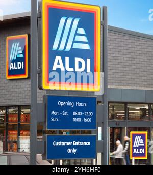 Aldi supermarket – a new branch of the German multinational discount retail chain. The low budget company brand name operates in 18 countries Stock Photo