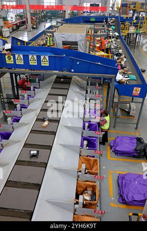 ZAOZHUANG, CHINA - NOVEMBER 10, 2024 - Staff members inspect sorting on an assembly line at the network operation center of the delivery division of C Stock Photo