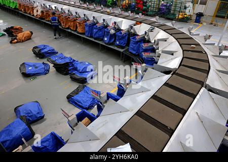 ZAOZHUANG, CHINA - NOVEMBER 10, 2024 - Staff members inspect sorting on an assembly line at the network operation center of the delivery division of C Stock Photo