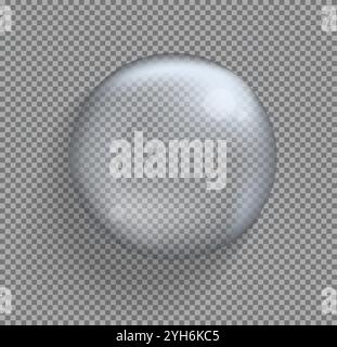 Realistic 3d glass sphere ball on checkered background. Vector illustration. Transparent water drop. Glass sphere with glares and shadow. Stock Vector