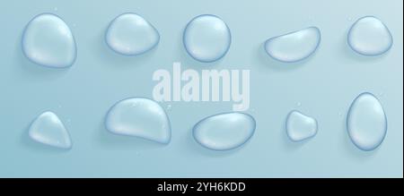 Hyaluronic acid bubbles. Collagen clear drops. Glycerin gel. Serum drop. Realistic liquid gel with bubbles. Big water drops on blue background. Stock Vector