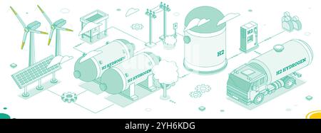 Isometric h2 hydrogen storage tanks. Vector illustration. Outline objects isolated on white background. Stock Vector