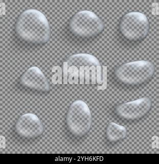 Transparent water realistic bubbles on checkered background. Vector illustration. Glass sphere with glares and shadow. Clear liquid drops. Stock Vector