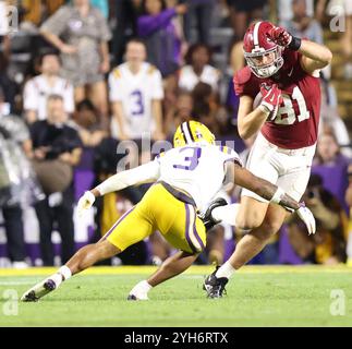 Baton Rouge, United States. 09th Nov, 2024. LSU Tigers safety Sage Ryan (3) dives at Alabama Crimson Tide tight end CJ Dippre (81) during a Southeastern Conference football game at Tiger Stadium on Saturday, November 9, 2024 in Baton Rouge, Louisiana. (Photo by Peter G. Forest/Sipa USA) Credit: Sipa USA/Alamy Live News Stock Photo