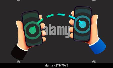 Two hands holding phones and exchanging data. Sharing concept. Vector illustration Stock Vector