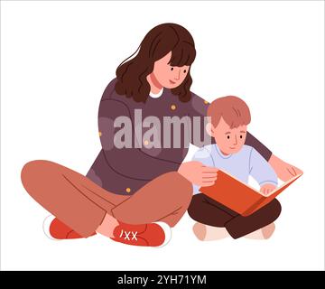 Mother and son are reading a book. A bedtime story.Mother Helping Her Son with His Homework Stock Vector