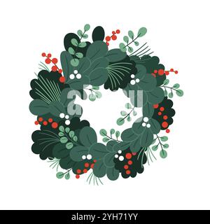Christmas wreath made of branches, eucalyptus, berries and a Christmas tree Stock Vector