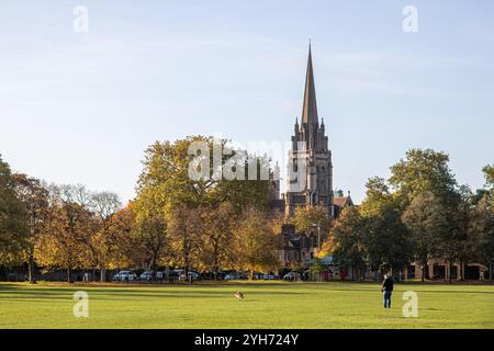 Cambridge, England. Parker's Piece and the tower of the Church of Our Lady of the Assumption and the English Martyrs Stock Photo