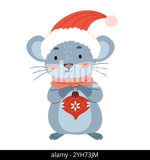 A cute mouse in a Santa hat holds a Christmas tree decoration in his hands. Stock Vector