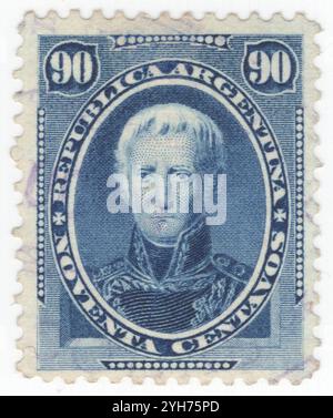 ARGENTINA - 1873 October 08: 90 centavo blue postage stamp depicting portrait of Cornelio Saavedra. Cornelio Judas Tadeo de Saavedra y Rodríguez was an Argentine military officer and statesman. He was instrumental in the May Revolution, the first step of Argentina's independence from Spain, and became the first head of state of the autonomous country that would become Argentina when he was appointed president of the Primera Junta. Saavedra was the first commanding officer of the Regiment of Patricians created after the ill-fated British invasions of the River Plate Stock Photo