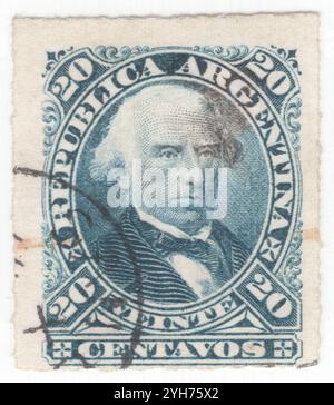 ARGENTINA - 1878 March 17: 20 centavo blue postage stamp depicting portrait of Dalmacio Vélez Sársfield (February 18, 1800 – June 30, 1875). He was an Argentine lawyer and politician who wrote the Civil Code of Argentina of 1869, which remained in force until 2015, when it was replaced by the new Código Civil y Comercial de la Nación. Mitre's election to the presidency in 1862 made Vélez Sarsfield the nation's Finance Minister. He obtained congressional passage in 1863 of the Commercial Code he had earlier created for Buenos Aires, and in 1864 began work on his landmark Civil Code Stock Photo