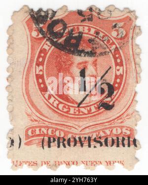 ARGENTINA - 1882 March 28: ½ on 5 centavo vermilion postage stamp depicting portrait of Bernardino de la Trinidad Gonzalez Rivadavia, first President of Argentina, then called the United Provinces of the Río de la Plata, from February 8, 1826 to June 27, 1827. He was educated at the Royal College of San Carlos, but left without finishing his studies. During the British Invasions he served as Third Lieutenant of the Galicia Volunteers. He participated in the open Cabildo on May 22, 1810 voting for the deposition of the viceroy. Surcharged in Black '½ (PROVISORIO)' Stock Photo