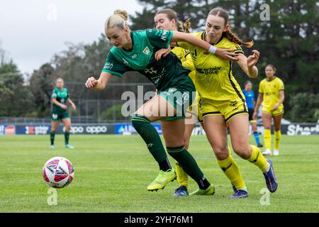 Porirua, Wellington, New Zealand. 20th Mar, 2024. Canberra midefield Maja Markovski and Wellington defender Mackenzie Barry compete for the ball. Wellington Phoenix v Canberra United. Ninja A-League Women. Porirua Park. Porirua. Wellington. New Zealand. Canberra United win 1-0 (HT 1-0). (Joe Serci/SPP) Credit: SPP Sport Press Photo. /Alamy Live News Stock Photo