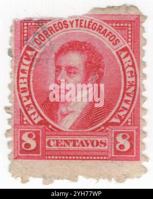 ARGENTINA - 1891 May 02: 8 centavos carmine-rose postage stamp depicting portrait of Bernardino de la Trinidad Gonzalez Rivadavia, first President of Argentina, then called the United Provinces of the Río de la Plata, from February 8, 1826 to June 27, 1827. He was educated at the Royal College of San Carlos, but left without finishing his studies. During the British Invasions he served as Third Lieutenant of the Galicia Volunteers. He participated in the open Cabildo on May 22, 1810 voting for the deposition of the viceroy Stock Photo