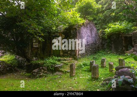 Caldeira do Mosteiro is an abandoned hamlet inside a volcanic crater, composed of 10 houses and a few barns in the parish of Mosteiro, Lajes das Flore Stock Photo