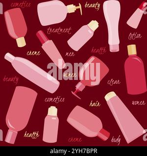 Pink seamless pattern with cosmetics bottles and text Stock Vector