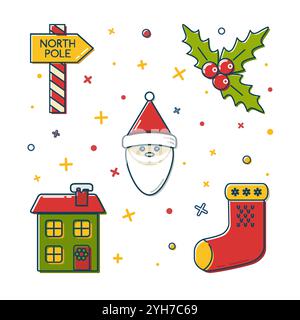 Collection of colored Christmas and New Year icons in thin line style. North Pole signpost, mistletoe branch, Santa Claus, holiday house and tradition Stock Vector