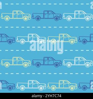 Striped seamless pattern with pickup trucks on blue background. Contour colorful cars on the road. Stock Vector