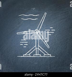 Tidal energy icon sketch on chalkboard. Water turbine symbol - chalk drawing on blackboard. Renewable energy sign. Stock Vector