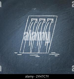 Hydroelectric station icon sketch on chalkboard. Water flow energy symbol - chalk drawing on blackboard. Stock Vector