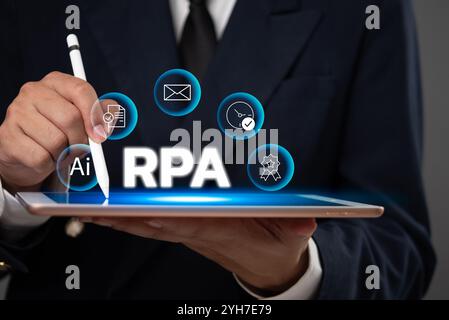 Business professionals interacting with digital interfaces, highlighting AI, RPA, and cybersecurity in a global context. Stock Photo