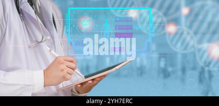 Doctor holding a digital tablet with AI medical interface, displaying patient health analysis, diagnostics, and medical records in a futuristic displa Stock Photo