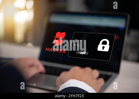 Hands typing on laptop keyboard with hacker icon and login screen, representing cybersecurity threats, hacking, and digital security. Stock Photo